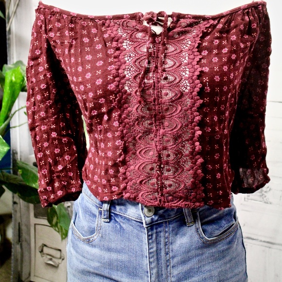Exotic Maroon, Off-The-Shoulder Crop Top - Picture 1 of 7